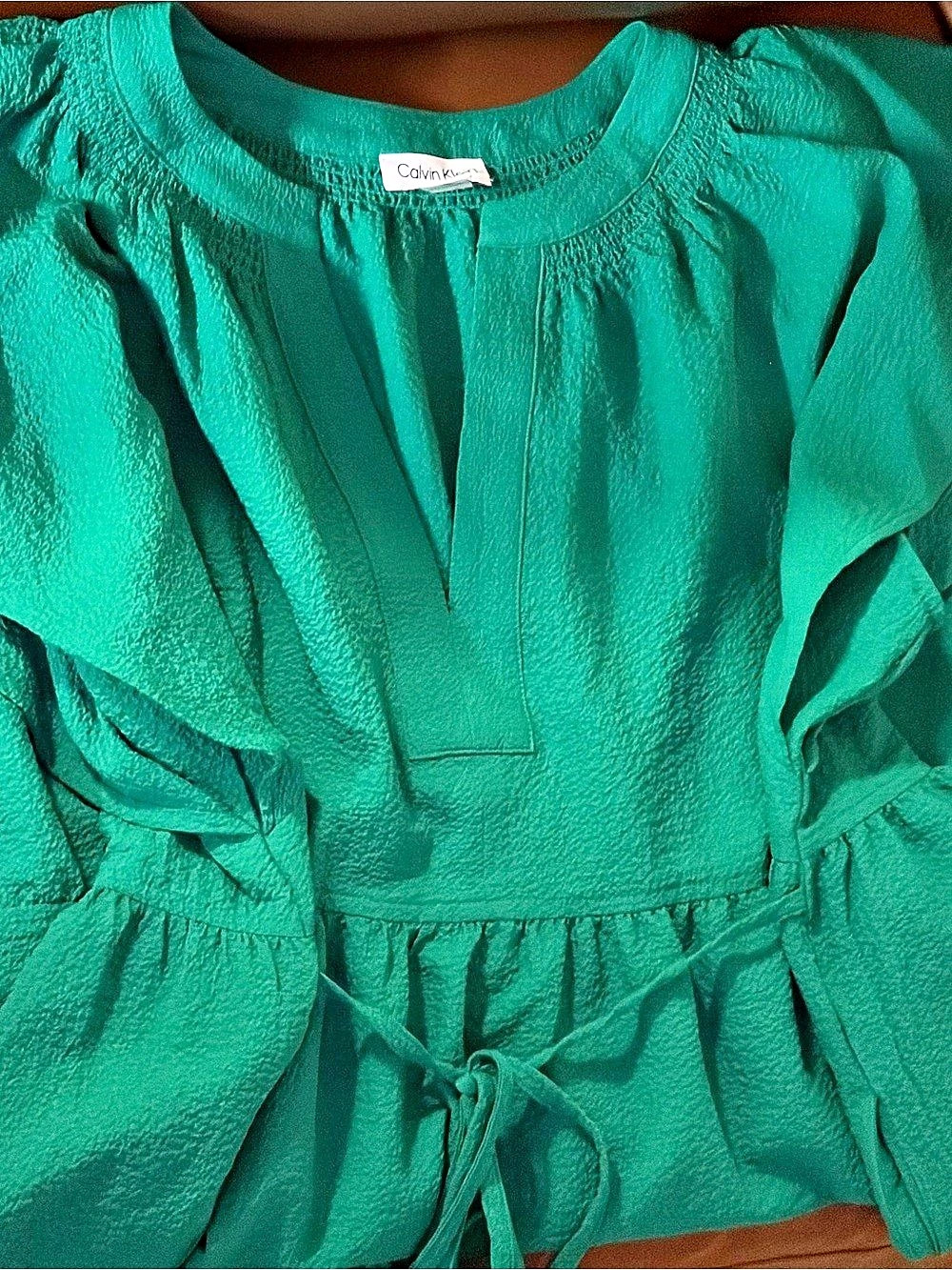 Calvin Klein Textured Tiered Midi Dress Green Size 16 - Picture 5 of 5